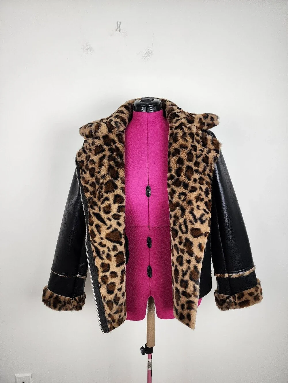 Black Faux Leather Moto Jacket with Leopard Faux Fur Accent